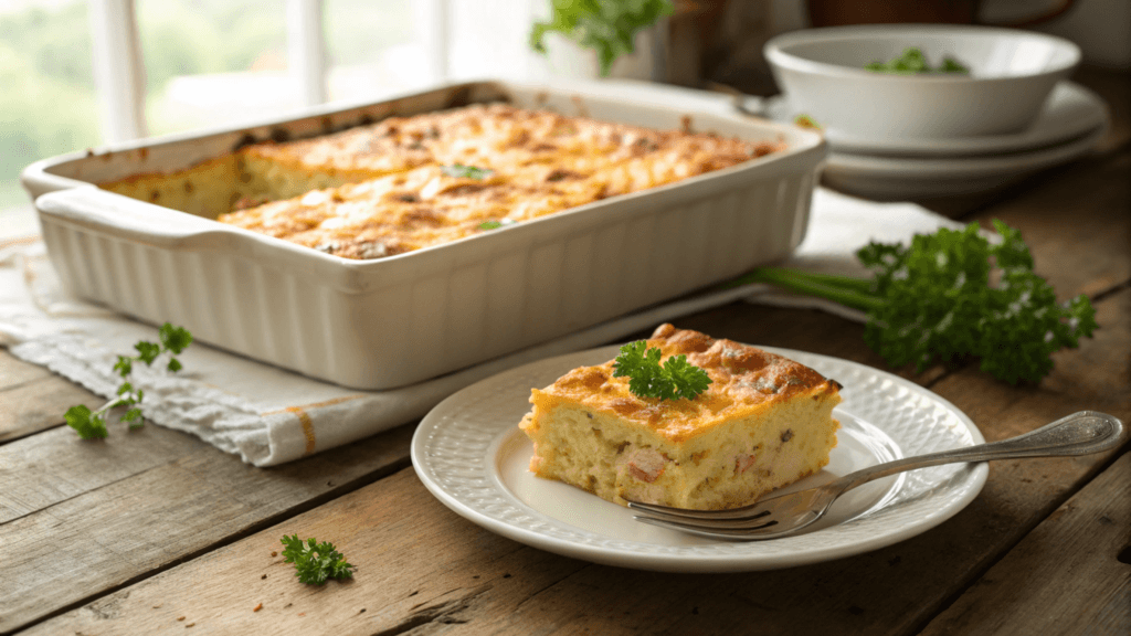 A square of baked egg casserole with a golden, crispy cracker topping served on a white ceramic plate, garnished with fresh parsley. The casserole is placed on a rustic wooden table, with warm morning light streaming in from a nearby window