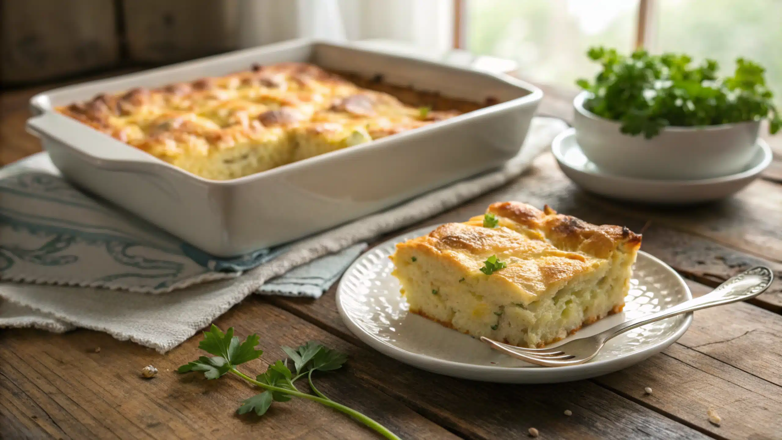 A beautifully plated baked egg casserole with crackers, featuring a golden-brown top and a sprinkle of fresh herbs, served with a side of vegetables