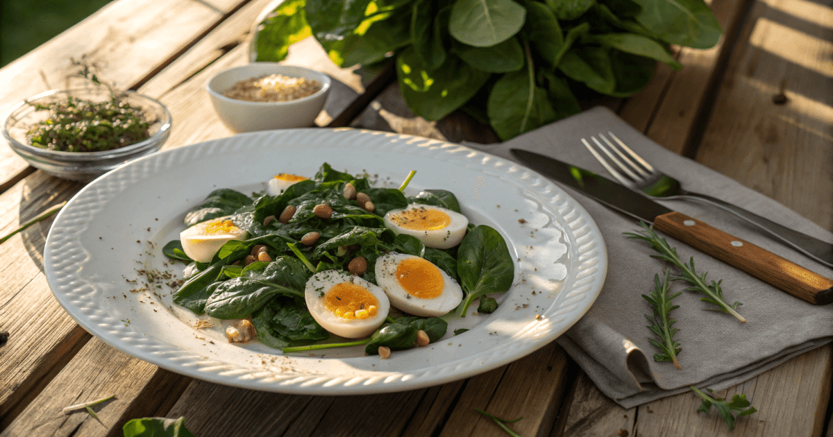 A plate of fresh spinach salad with sliced boiled eggs, toasted pine nuts, and a sprinkle of herbs, sitting on a rustic wooden table outdoors