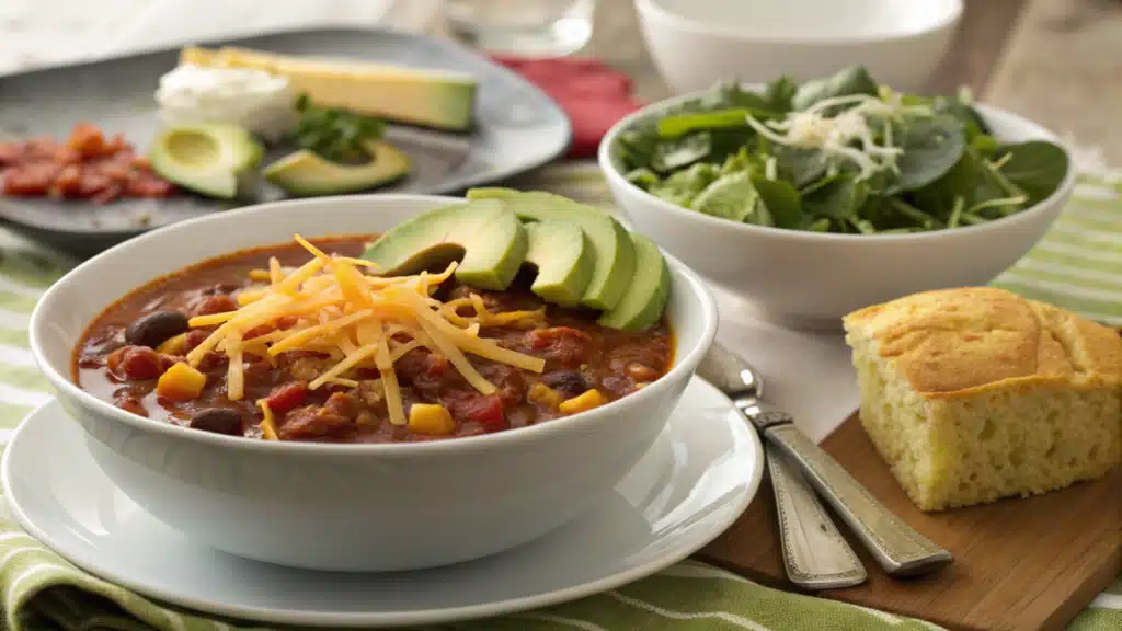 Weight Watchers Taco Soup served with avocado, cheese, and cornbread.