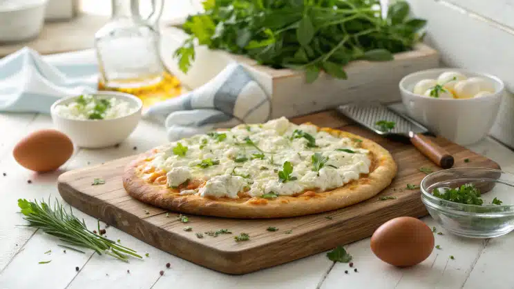 Freshly baked cottage cheese flatbread on a wooden board