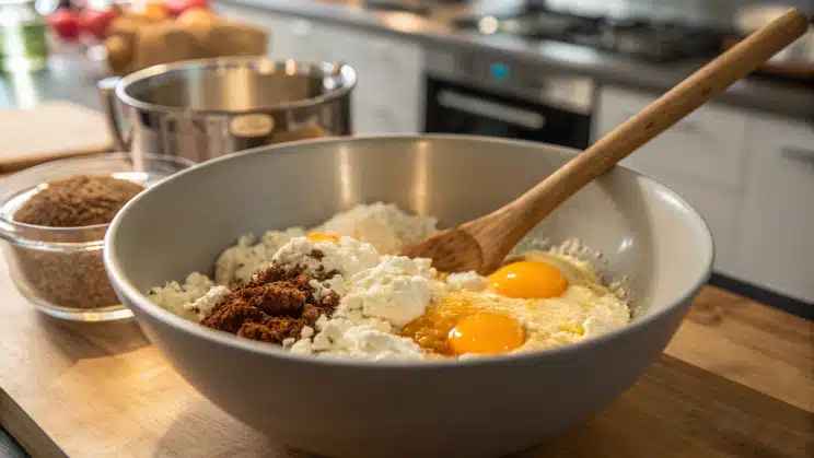 Cottage cheese flatbread ingredients being mixed in a bowl