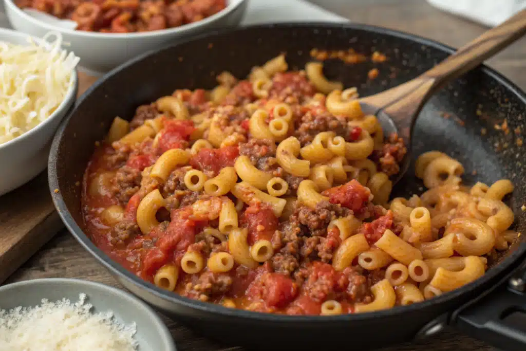 Cooking beefaroni ingredients in a skillet