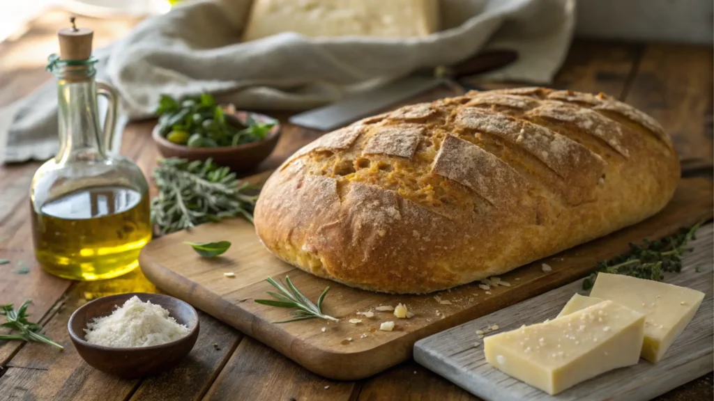 Rustic artisan Italian bread with golden-brown crust.