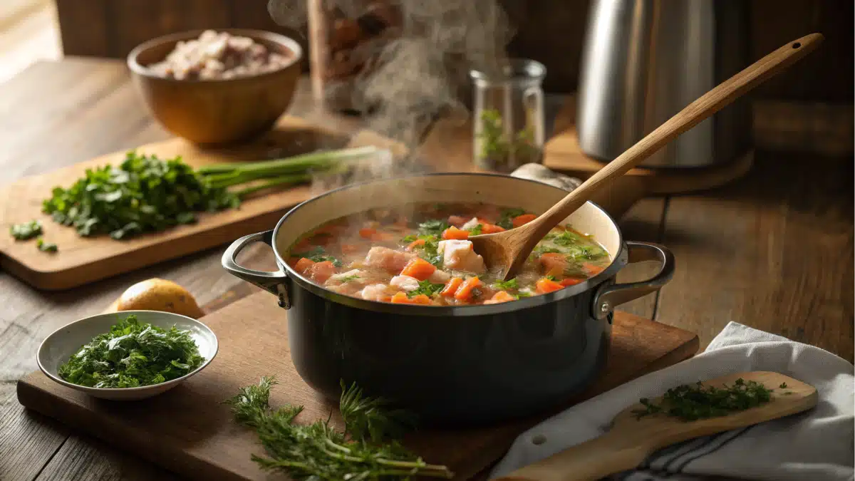 A cozy kitchen scene showing a pot of salmon soup being stirred with a wooden spoon, steam rising from the pot, surrounded by chopped vegetables and herbs, evoking warmth and hominess