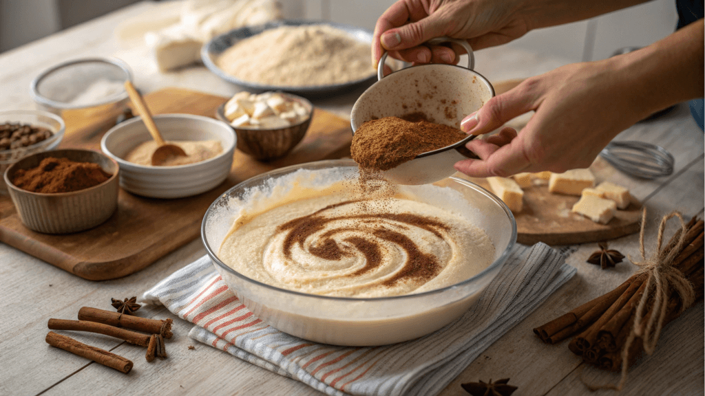 A cozy kitchen scene showing hands swirling cinnamon sugar into cheesecake batter, with cream cheese and other ingredients in view on a kitchen counter.