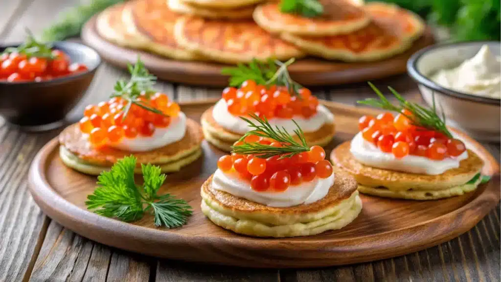 Blinis topped with salmon roe, sour cream, and dill on a festive table