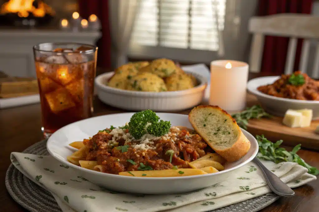 A plated serving of beefaroni with garlic bread