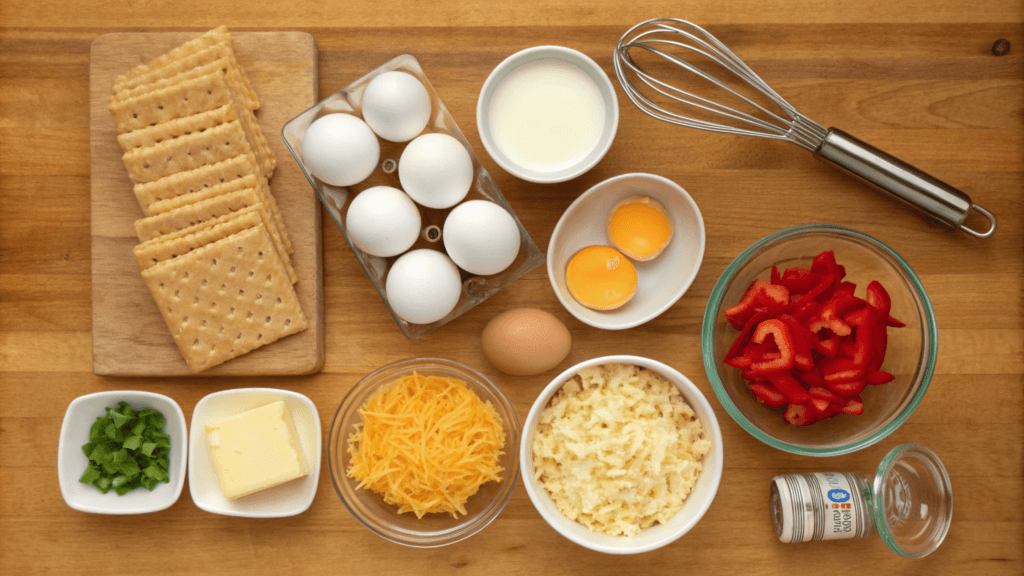 A flat lay of ingredients for a baked egg casserole, including eggs, crushed crackers, shredded cheese, a cup of milk, chopped onions, bell peppers, and a small bowl of melted butter. Everything is arranged neatly on a wooden kitchen countertop, with a whisk and mixing bowl nearby