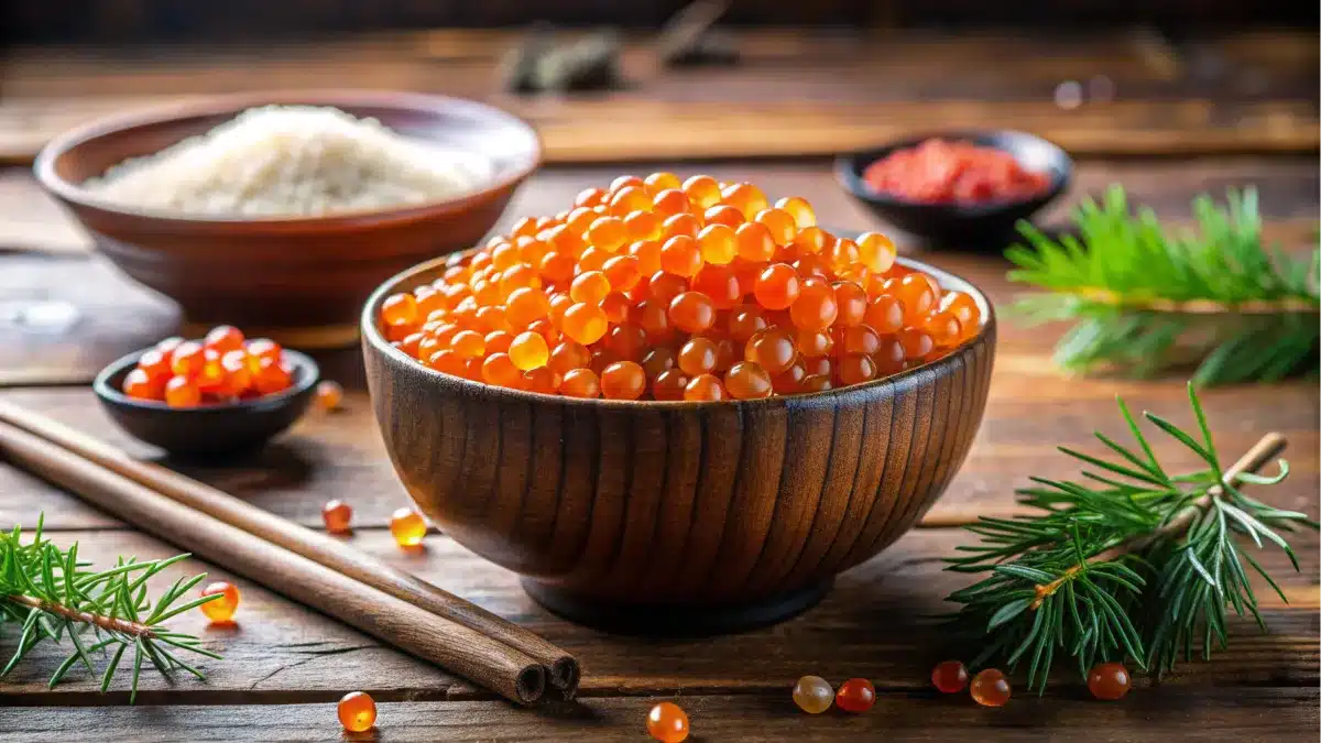 Close-up of a bowl of vibrant salmon roe with chopsticks and soy sauce