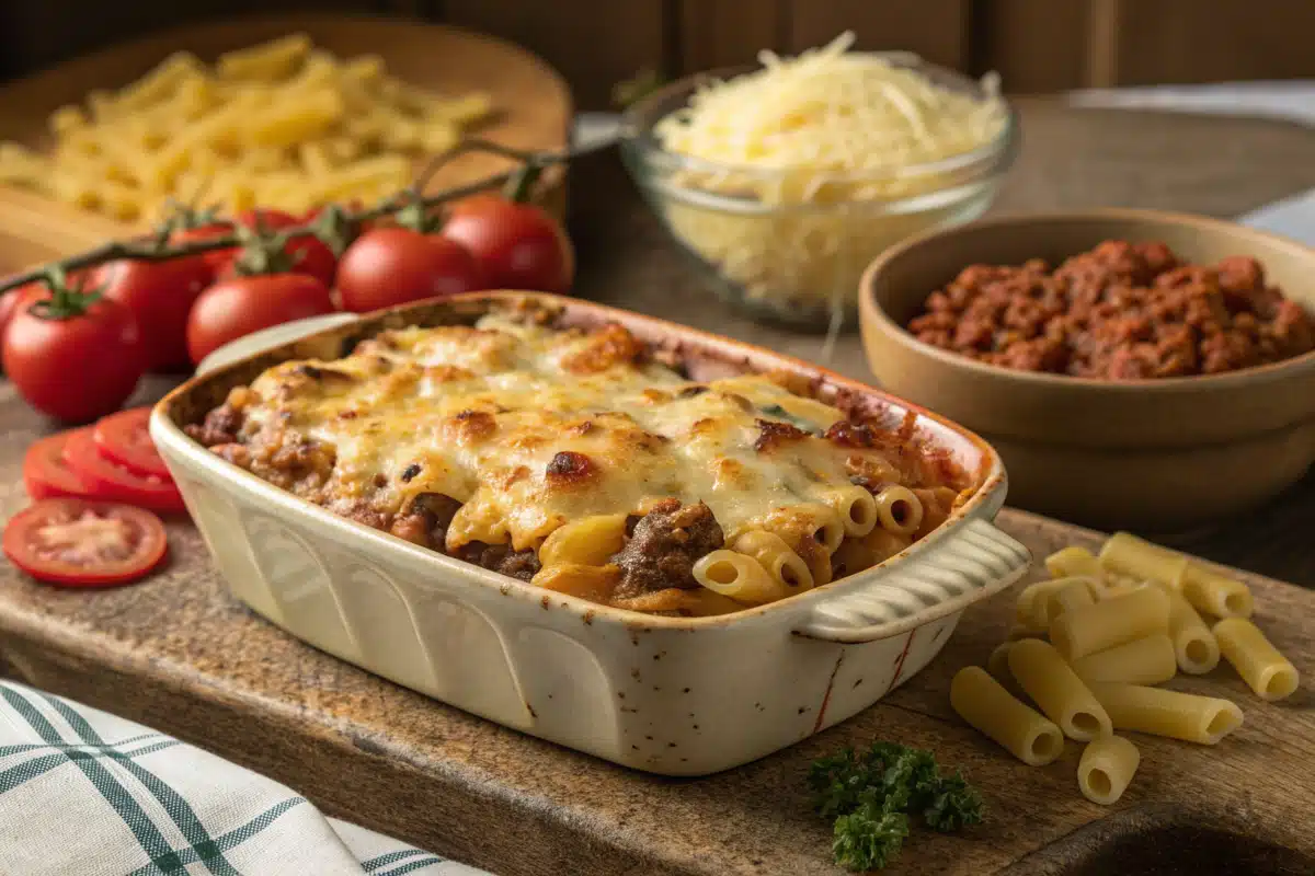Beefaroni casserole with bubbling cheese in a ceramic dish