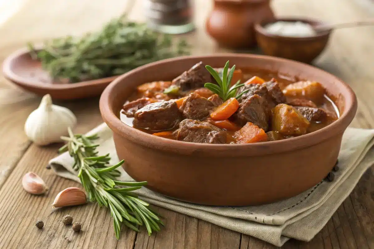 A hearty bowl of beef stew with fresh herbs and spices