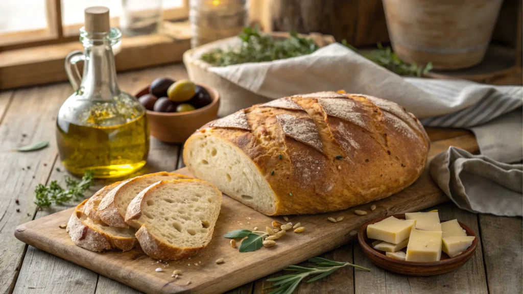 Rustic loaf of artisan Italian bread with golden crust.
