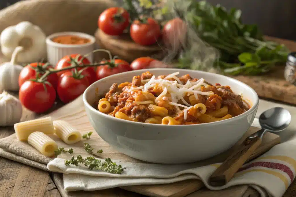 Homemade beefaroni in a rustic kitchen with fresh ingredients.