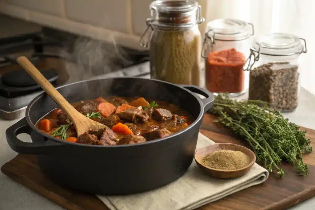 A pot of beef stew simmering on the stovetop with seasoning jars nearby