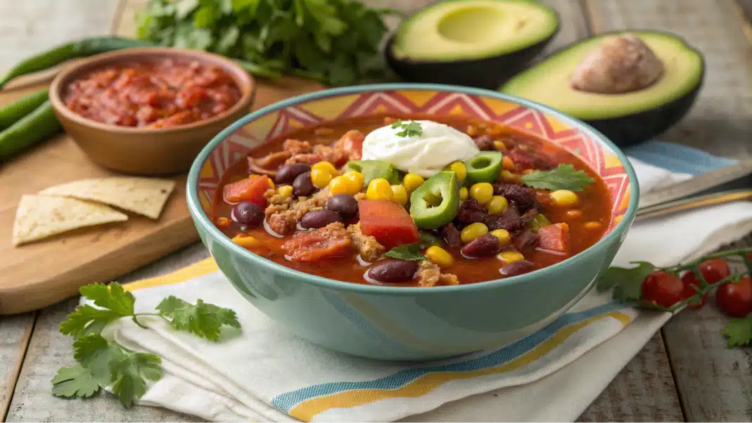Weight Watchers Taco Soup with fresh toppings and ingredients