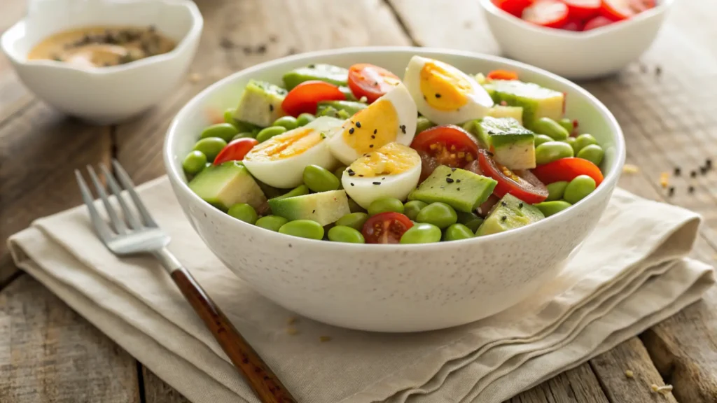 Edamame egg recipes salad in a white bowl with fresh vegetables and dressing