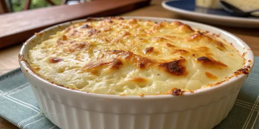 Baked cottage cheese in a dish, golden and creamy