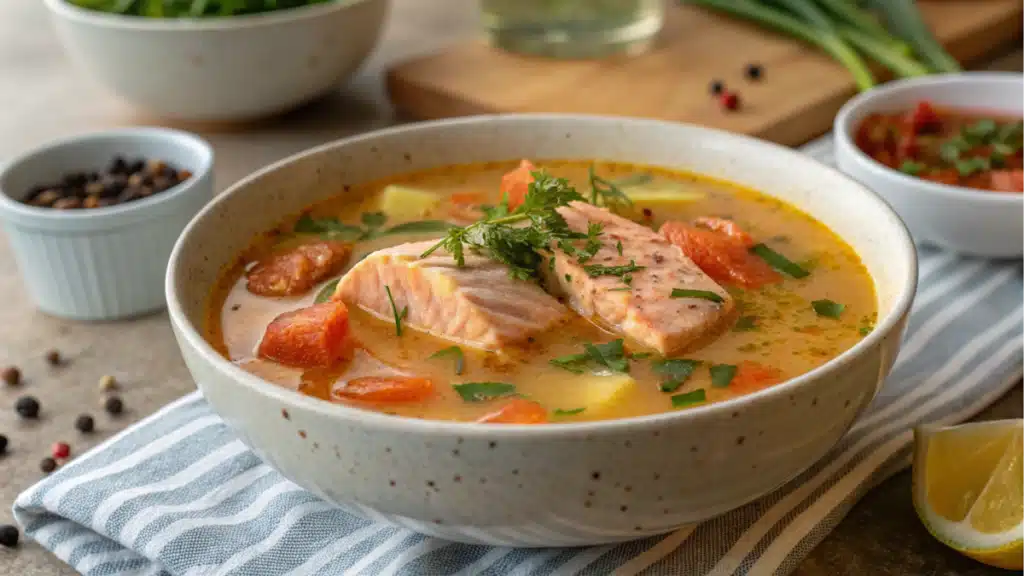 A bowl of freshly made salmon soup, beautifully plated with vibrant vegetables like carrots, potatoes, and leeks, garnished with fresh dill and a slice of lemon, placed on a rustic wooden table with a spoon and napkin