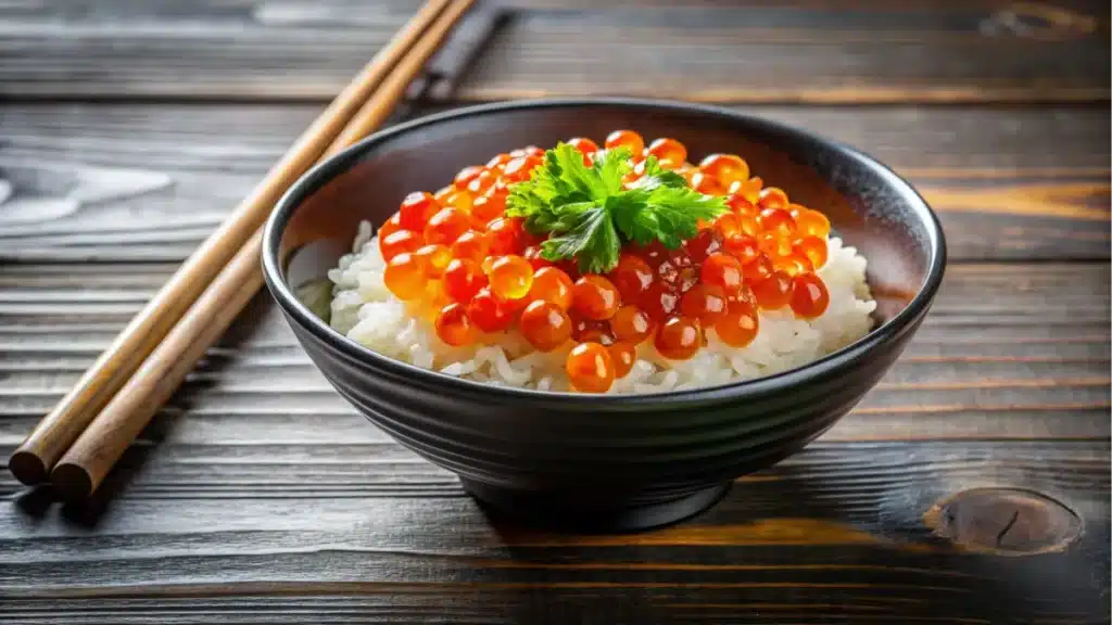 Ikura don: salmon roe served on rice with soy sauce and green onions