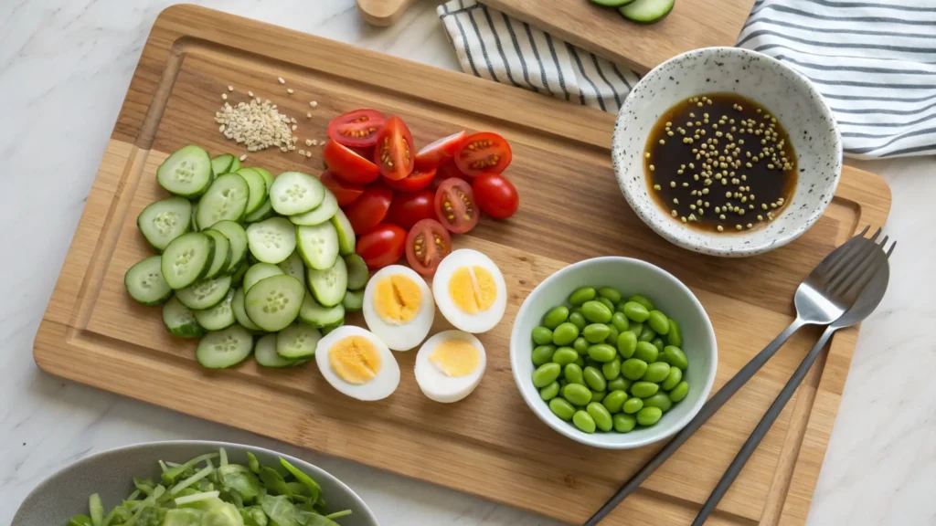 Ingredients for edamame egg recipes salad on a wooden cutting board.