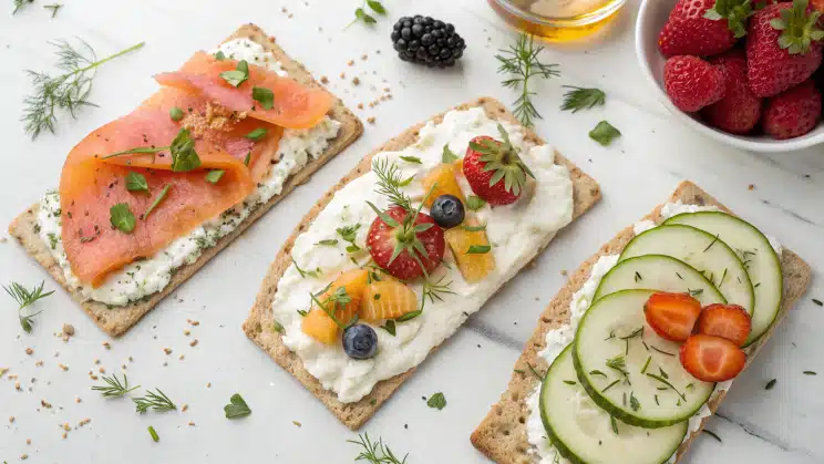 Three variations of cottage cheese flatbread with different toppings
