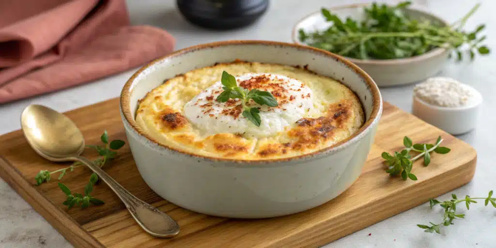 Baked cottage cheese in a dish, golden and creamy