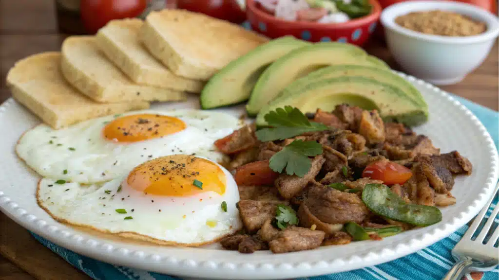 A beautifully plated Carnitas Breakfast with Eggs featuring crispy shredded carnitas, sunny-side-up eggs, fresh avocado slices, and golden southern cornbread on a white plate, perfect for a food blog post