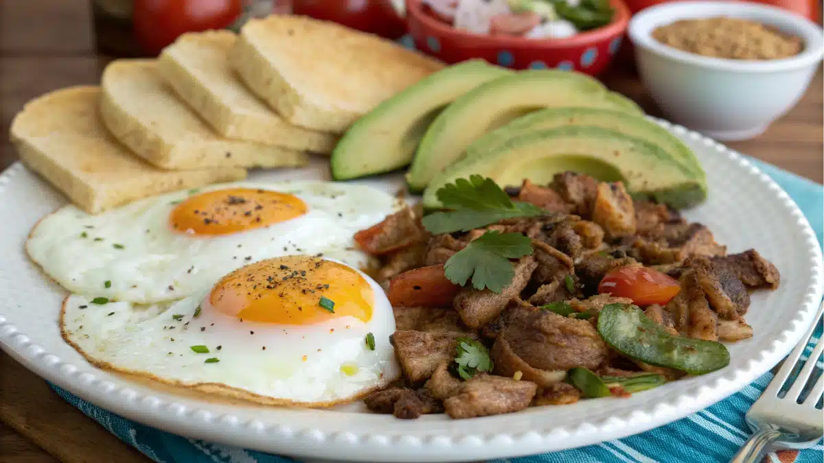 A beautifully plated Carnitas Breakfast with Eggs featuring crispy shredded carnitas, sunny-side-up eggs, fresh avocado slices, and golden southern cornbread on a white plate, perfect for a food blog post