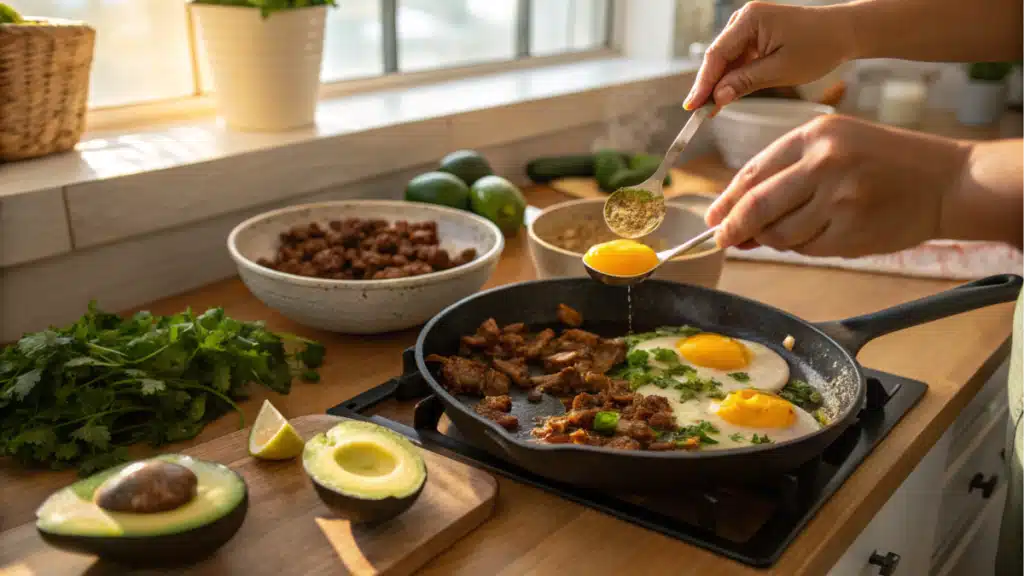 A cozy kitchen scene showing hands preparing Carnitas Breakfast Recipe with Eggs, with eggs being cracked into a skillet, carnitas sizzling in a pan, and fresh ingredients like avocados and cilantro neatly displayed on the counter