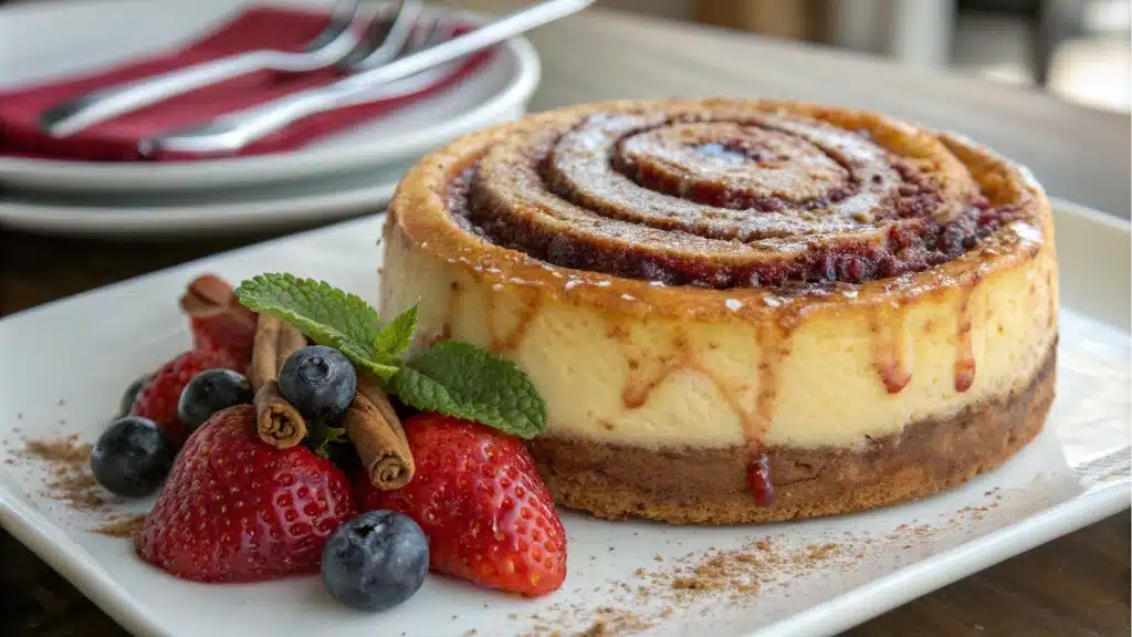 A close-up shot of a cinnamon roll cheesecake on a white plate, garnished with strawberries, blueberries, cinnamon sticks, and a sprig of mint. The cheesecake has a swirled cinnamon filling and is sprinkled with powdered sugar. A fork and knife are visible on plates in the background