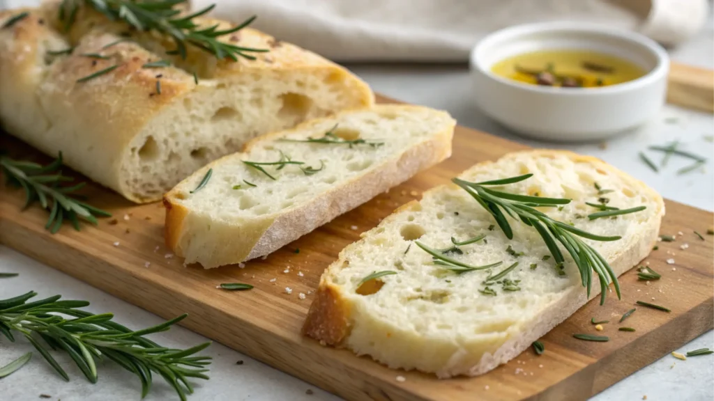 Ciabatta and focaccia slices with airy crumbs