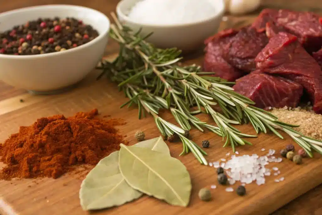 Ingredients for beef stew seasoning on a wooden countertop