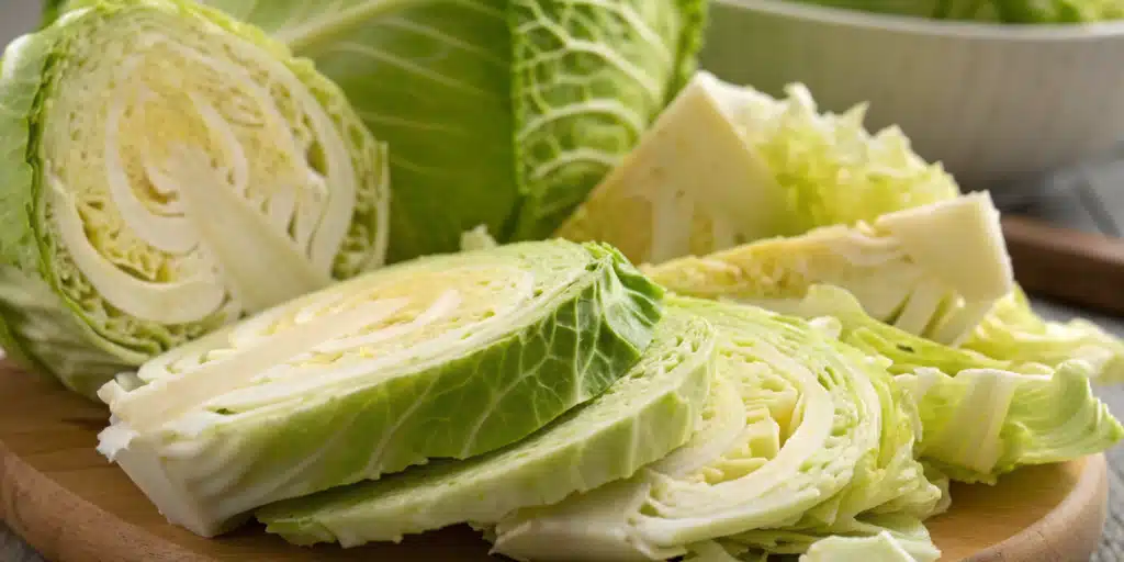 Chopped fresh green cabbage on a wooden cutting board.