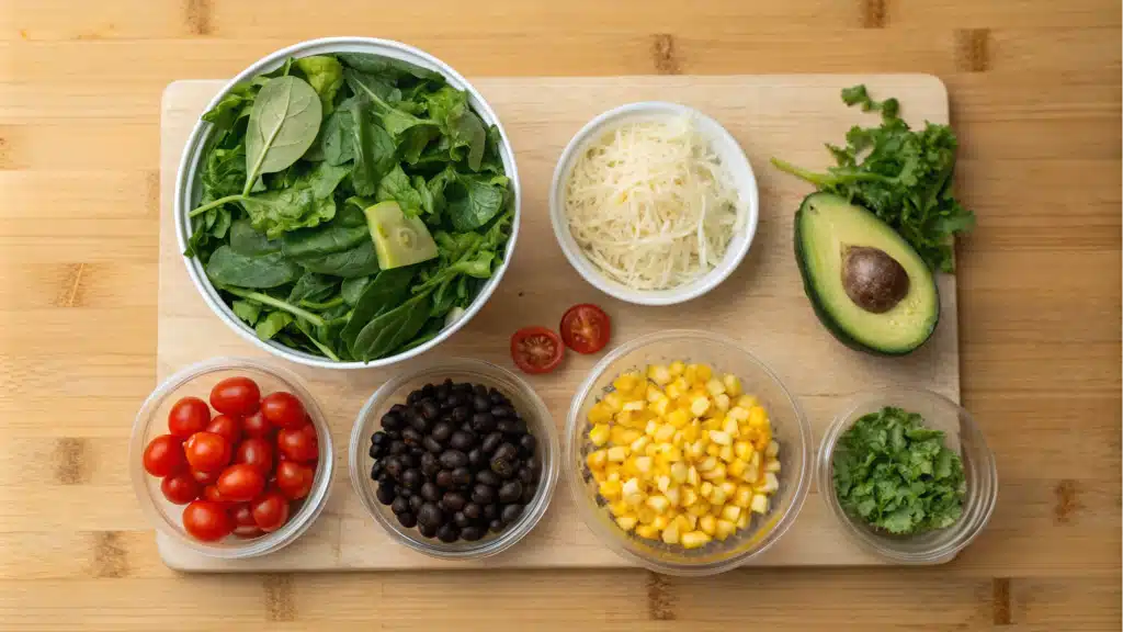 Fresh ingredients for Southwest Chicken Salad, including mixed greens, black beans, corn, avocado, and tomatoes, arranged on a wooden countertop