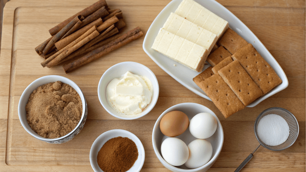 Flat lay of ingredients for Cinnamon Roll Honeybun Cheesecake, including cinnamon sticks, graham crackers, butter, cream cheese, sugar, and eggs on a wooden kitchen countertop.