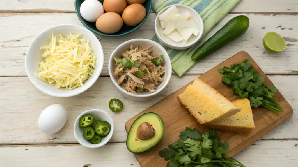 Flat lay of ingredients for Carnitas Breakfast Recipe with Eggs, including shredded pork carnitas, eggs, avocado, jalapeños, fresh cilantro, lime, and a slice of southern cornbread, arranged on a rustic wooden kitchen countertop.
