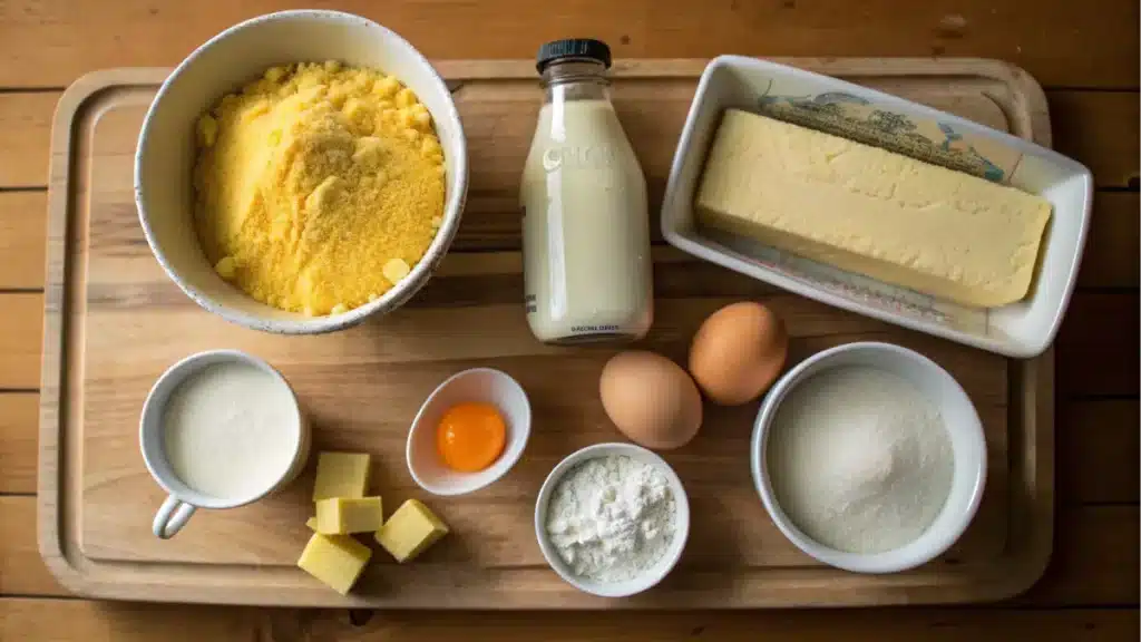 baking-ingredients-cornmeal-milk-butter-eggs-flour-sugar-and-cubed-butter-on-a-wooden-board-overhead-view
