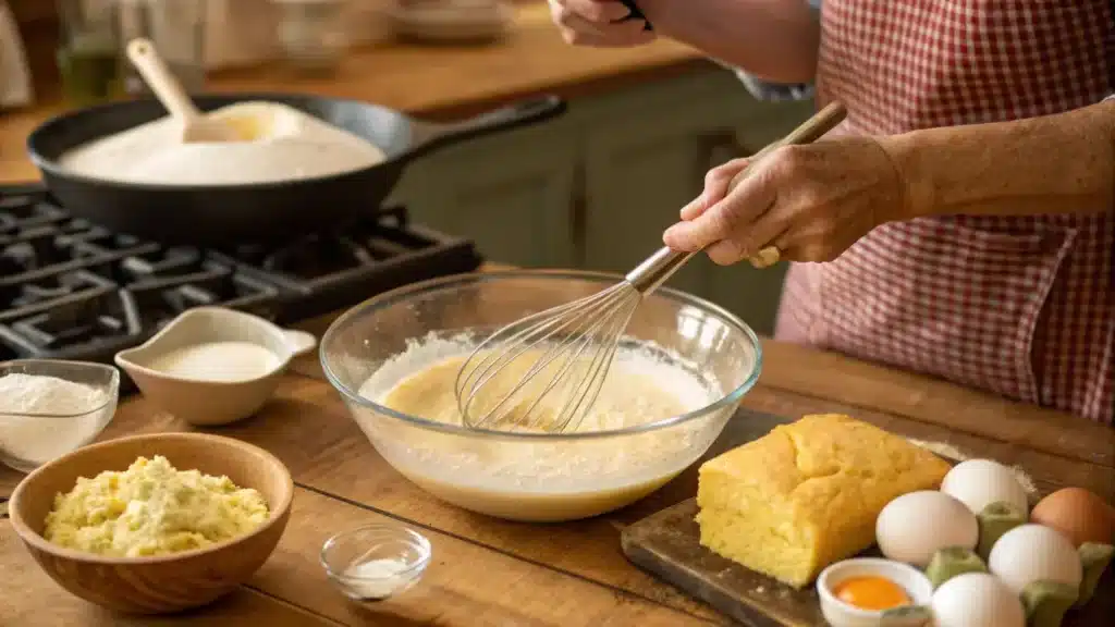 person-whisking-batter-in-a-bowl-ingredients-cornbread-and-eggs-on-a-wooden-table-cooking-scene