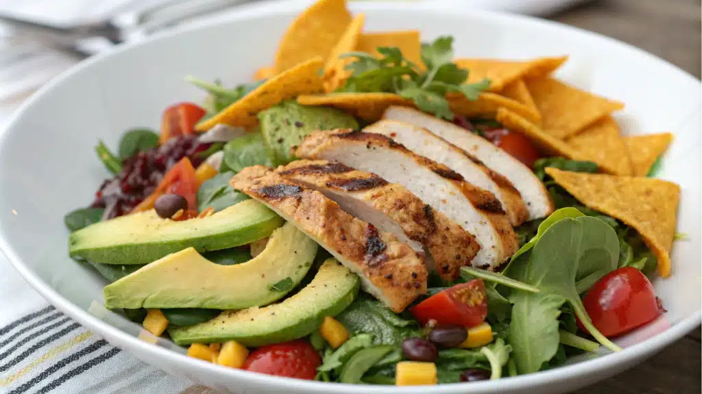 Vibrant Southwest Chicken Salad beautifully plated with grilled chicken, avocado, and colorful vegetable
