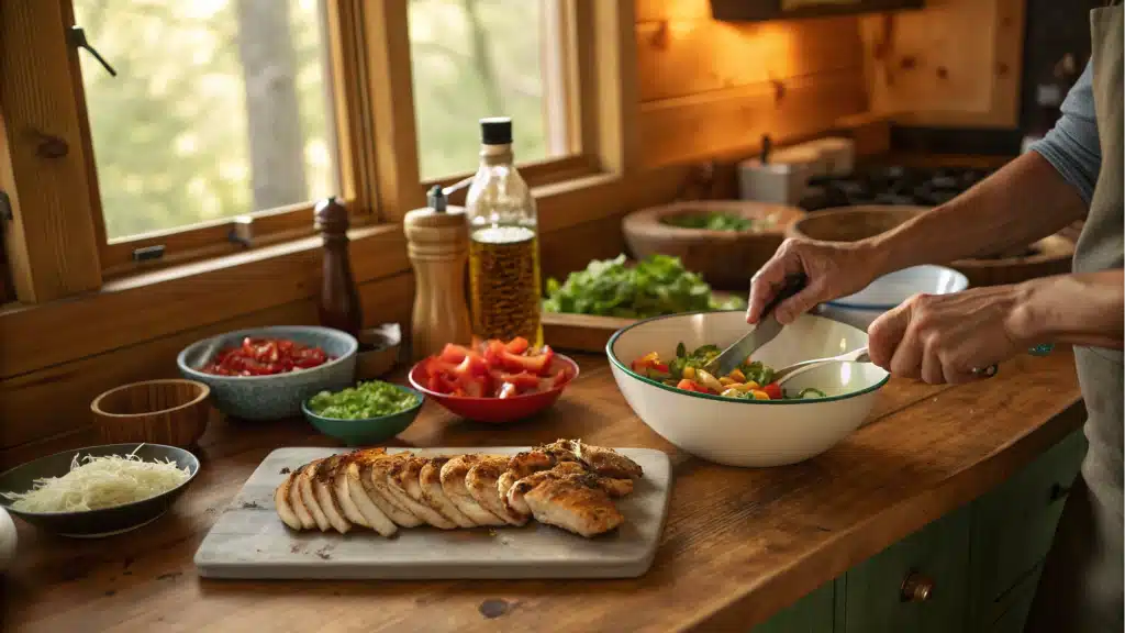 Hands preparing Southwest Chicken Salad in a cozy kitchen, chopping vegetables and grilling chicken for a delicious and healthy meal
