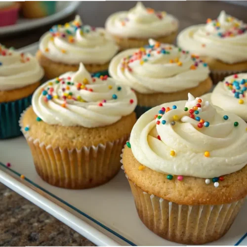 A gluten-free cupcake adorned with creamy frosting and a rich caramel drizzle.