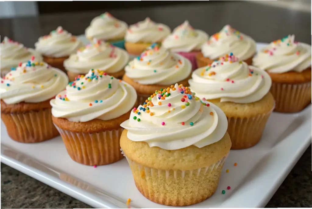 Soft and fluffy gluten-free cupcakes with vanilla frosting.