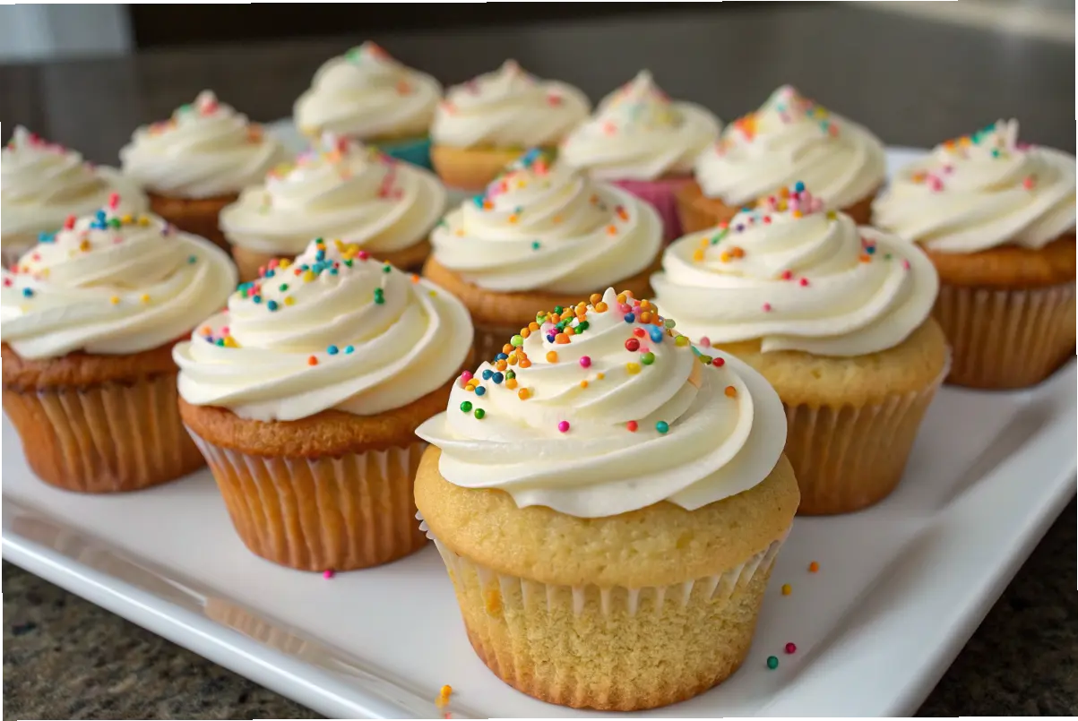 Soft and fluffy gluten-free cupcakes with vanilla frosting.
