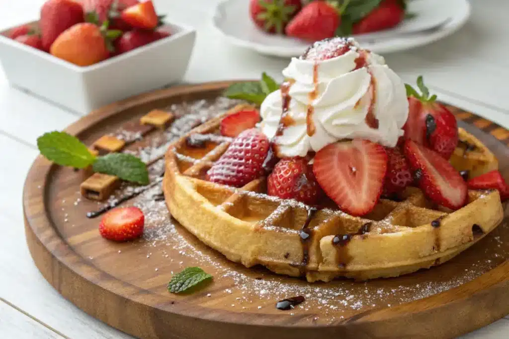 Strawberry waffles with whipped cream and syrup