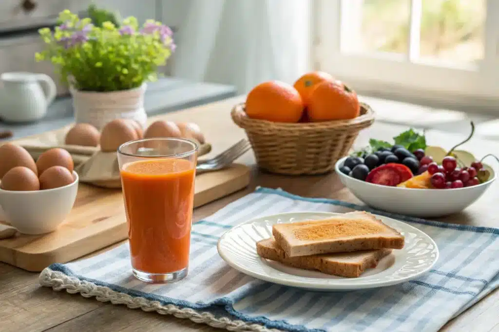 Carrot juice recipe served with breakfast items like eggs, toast, and fruit.