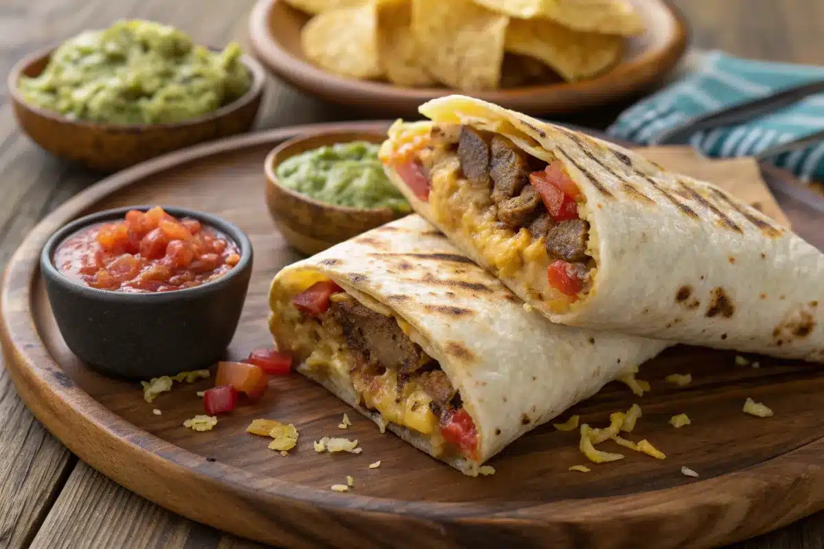 Close-up of a grilled cheese burrito with melted cheese, seasoned beef, and Mexican rice, showcasing its crispy cheese crust and served with salsa and guacamole