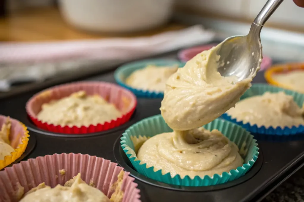 Gluten-free cupcake batter being poured into cupcake liners.