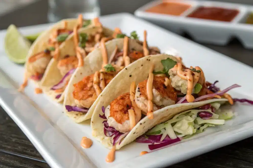 Spicy shrimp mini tacos topped with slaw and chipotle mayo