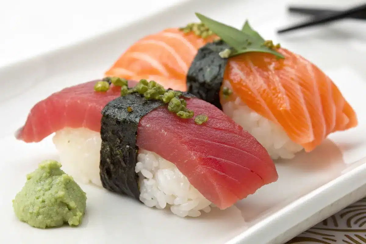 Nigiri vs Sashimi: Tuna and salmon nigiri sushi served with wasabi and pickled ginger